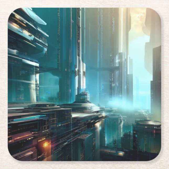 SF Futuristic City 3 Square Paper Coaster (Front)