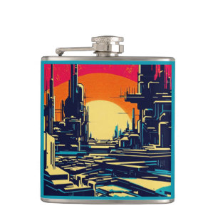SF Futuristic City Woodcut 1 Hip Flask