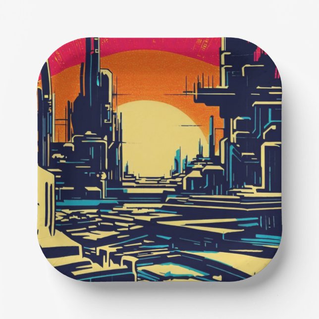 SF Futuristic City Woodcut 1 Paper Plate (Front)