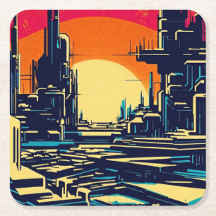SF Futuristic City Woodcut 1 Square Paper Coaster