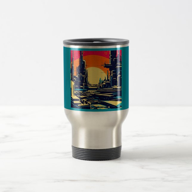SF Futuristic City Woodcut 1 Travel Mug (Center)