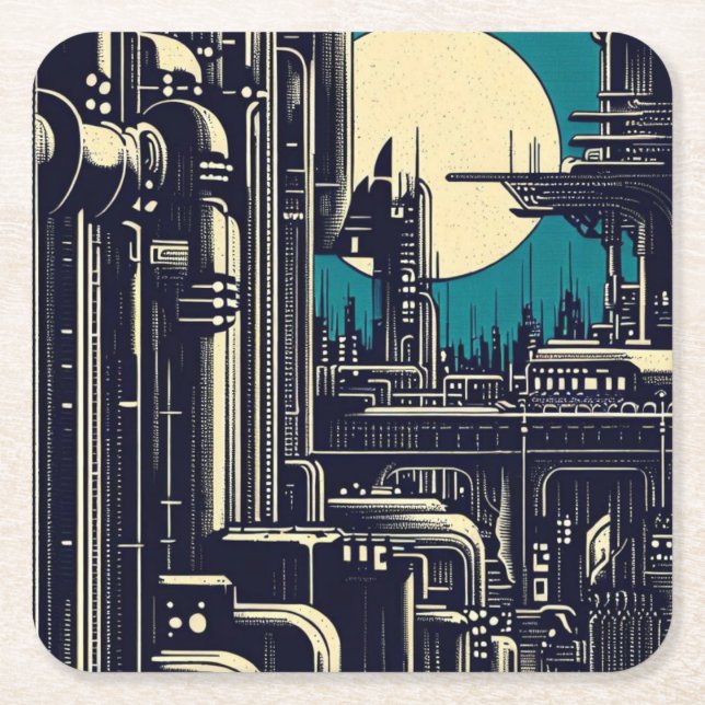 SF Futuristic City Woodcut 2 Square Paper Coaster (Front)