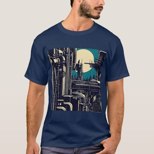 SF Futuristic City Woodcut 2 T-Shirt (Front)