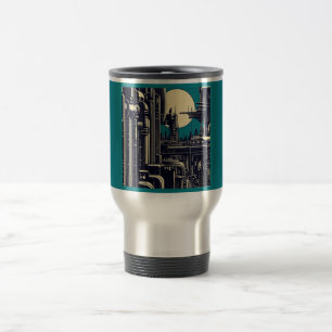 SF Futuristic City Woodcut 2 Travel Mug