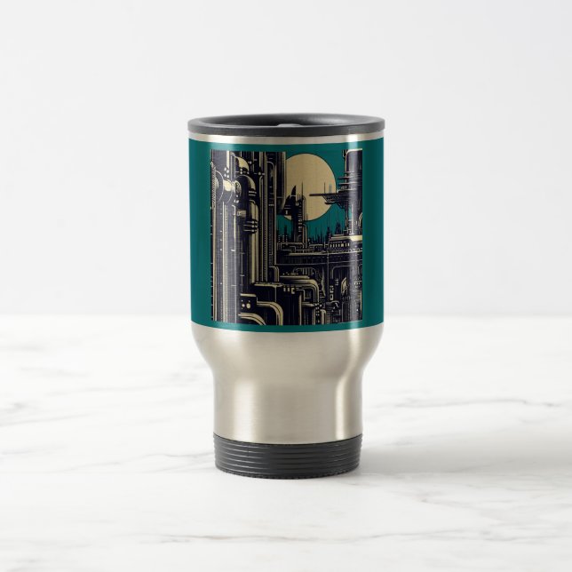 SF Futuristic City Woodcut 2 Travel Mug (Center)