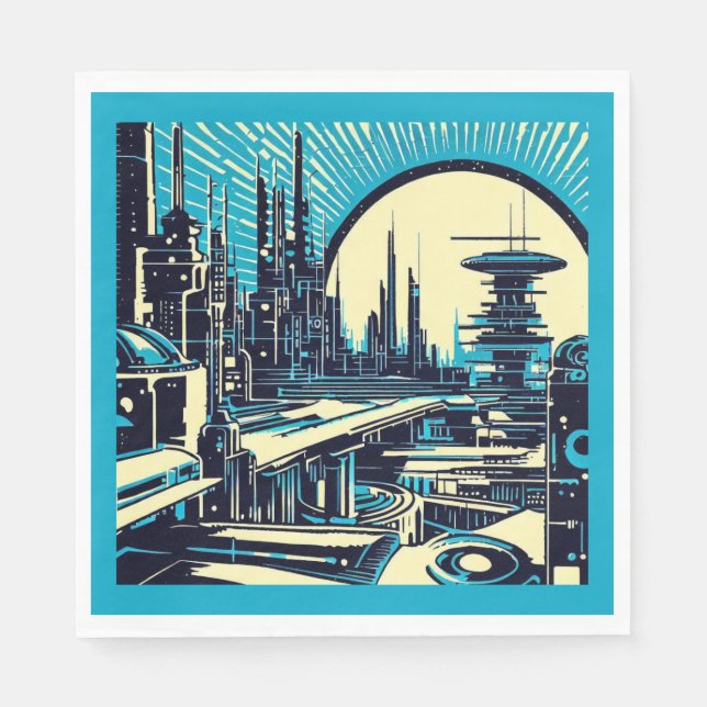 SF Futuristic City Woodcut 3 Napkin (Front)