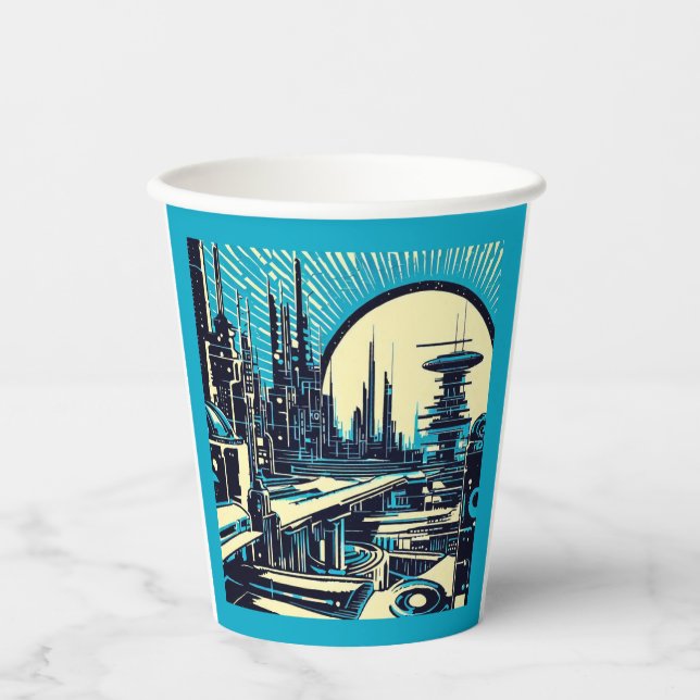 SF Futuristic City Woodcut 3 Paper Cups (Front)