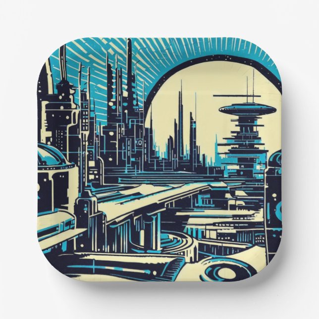 SF Futuristic City Woodcut 3 Paper Plate (Front)