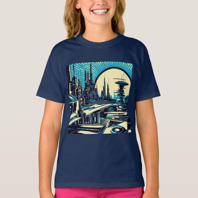 SF Futuristic City Woodcut 3 T-Shirt (Front)