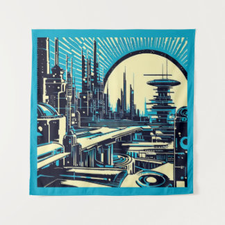 SF Futuristic City Woodcut 3 Tapestry