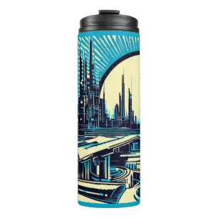 SF Futuristic City Woodcut 3 Thermal Tumbler