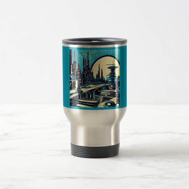 SF Futuristic City Woodcut 3 Travel Mug (Center)