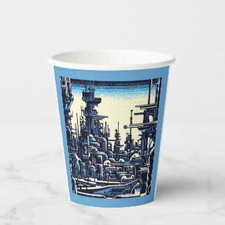 SF Futuristic City Woodcut 4 Paper Cups