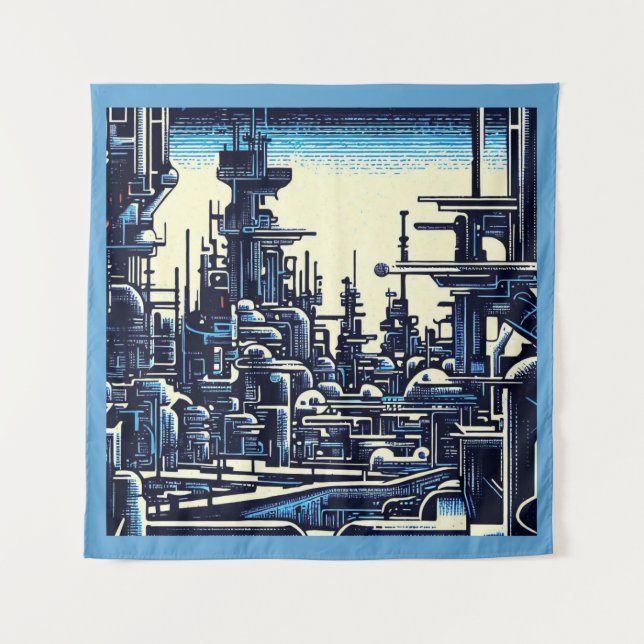 SF Futuristic City Woodcut 4 Tapestry (Front)