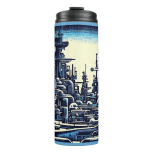 SF Futuristic City Woodcut 4 Thermal Tumbler