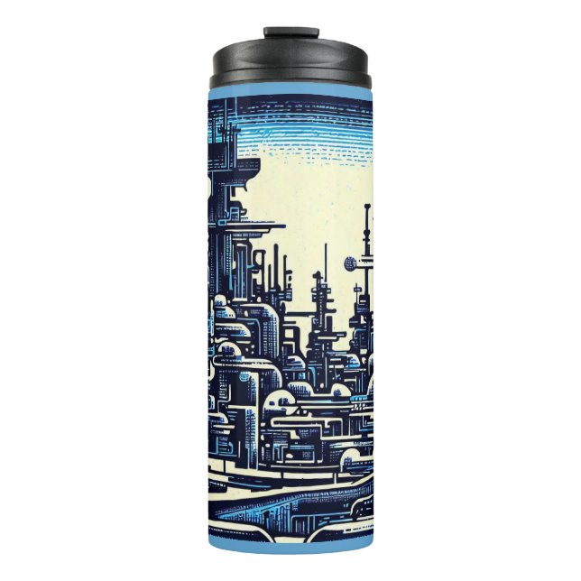 SF Futuristic City Woodcut 4 Thermal Tumbler (Front)