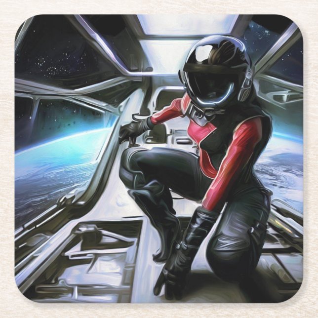 SF Hero Aboard Spaceship 2 Square Paper Coaster (Front)