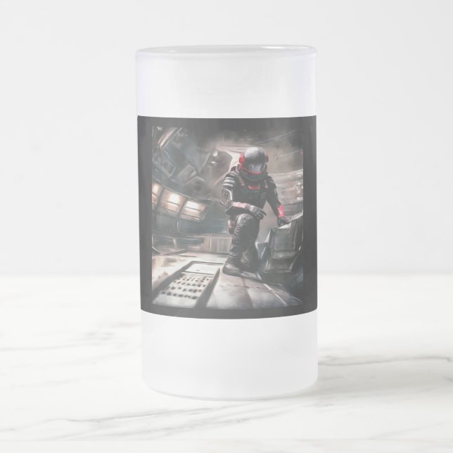 SF Hero Aboard Spaceship 3 Frosted Glass Beer Mug (Center)