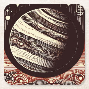 SF Jupiter Woodcut 2 Square Paper Coaster