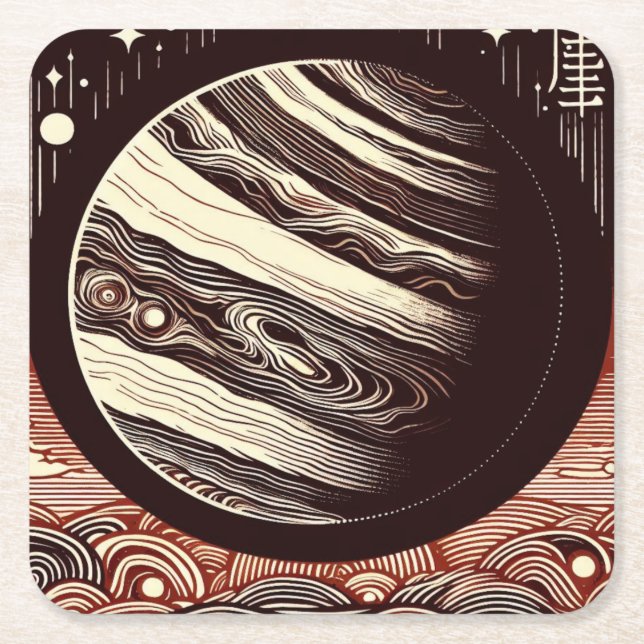 SF Jupiter Woodcut 2 Square Paper Coaster (Front)