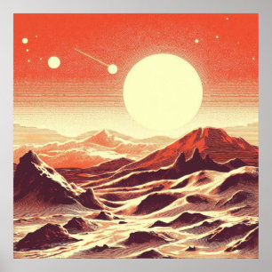 SF Mars Landscape Woodcut 2 Poster