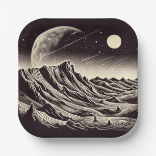 SF Mars Landscape Woodcut 3 Paper Plate
