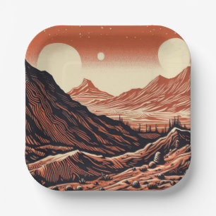 SF Mars Landscape Woodcut 4 Paper Plate