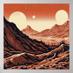 SF Mars Landscape Woodcut 4 Poster