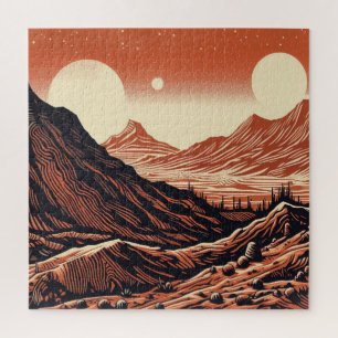 SF Martian Landscape Woodcut (4) Jigsaw Puzzle
