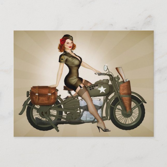 Sgt. Davidson Army Motorcycle Pinup Postcard (Front)
