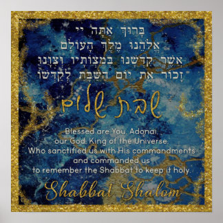 Shabbat Bible Verse Blessing Hebrew English Blue Poster