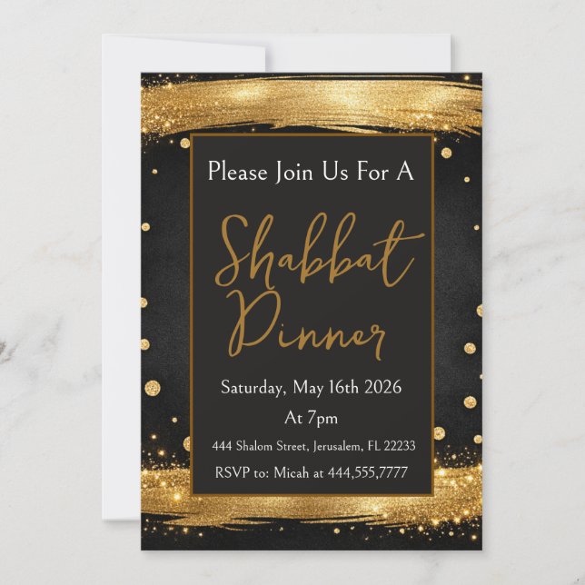 Shabbat DInner Gold Black Luxury Modern Invitation (Front)