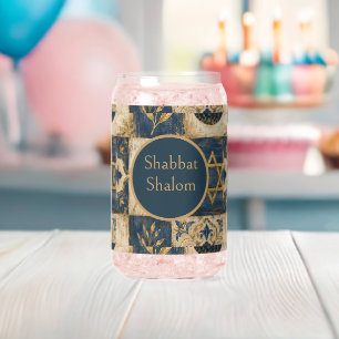Shabbat Shalom, Blue Gold Beige Watercolor, Rustic Can Glass