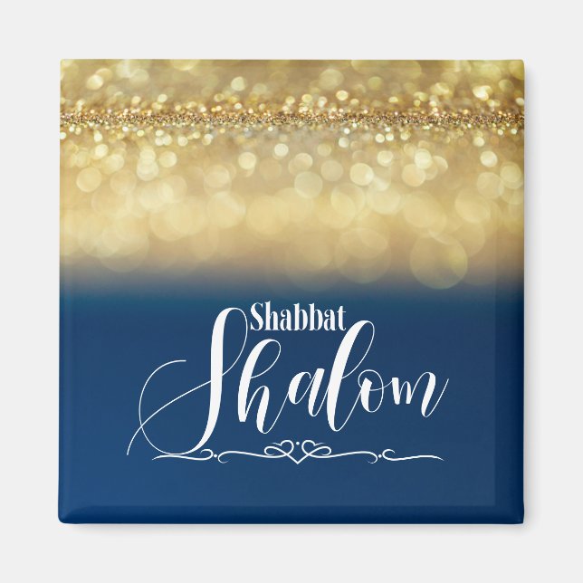 Shabbat Shalom Blue Gold Glitter Sparkle Glam Luxe Magnet (Front)