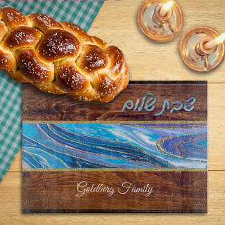 Shabbat Shalom Blue Marble Wood Effect Fused Glass Cutting Board