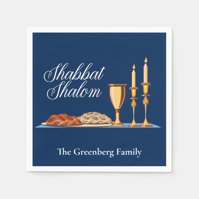 Shabbat Shalom Custom Blue Sabbath Dinner Napkin (Front)