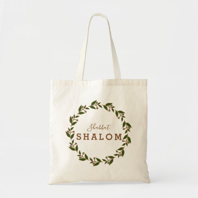 Shabbat Shalom Green Brown Wreath Tote Bag (Front)