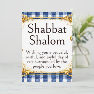 Shabbat Shalom Greeting, Gingham Blue White Gold Card