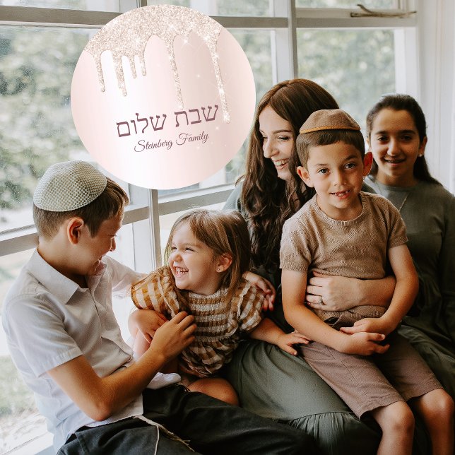 Shabbat Shalom Jewish Rose Gold Glitter Drip  Classic Round Sticker (Creator Uploaded)