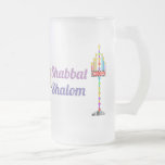 Shabbat Shalom Menorah frosted mug<br><div class="desc">Two very colourful,  fun menorahs,  one sporting a Shin and the other "Shabbat Shalom" in English and Hebrew - and an equally colourful Star of David adorn this frosted mug just in time for Shabbat.  Enjoy!  ~ karyn</div>