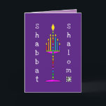 Shabbat Shalom Menorah greeting card<br><div class="desc">This highly colourful and fun menorah is lit and sings out its happy message.  Interior card with date area is bordered and coordinated for your writing pleasure.  Shabbat Shalom!  ~ karyn</div>