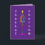 Shabbat Shalom Menorah greeting card<br><div class="desc">This highly colourful and fun menorah is lit and sings out its happy message.  Interior card with date area is bordered and coordinated for your writing pleasure.  Shabbat Shalom!  ~ karyn</div>