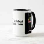 Shabbat Shalom Menorah mug<br><div class="desc">6 flames of this cheerful menorah representing the days of creation are pointing toward the central flame, which represents the 7th day of creation when G-d saw that all He had made was very good: and He rested. It's representative of our Sabbath... Shabbat... the 7th day of the week when...</div>