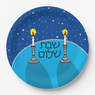 Shabbat Shalom Paper Plates - Blue Background