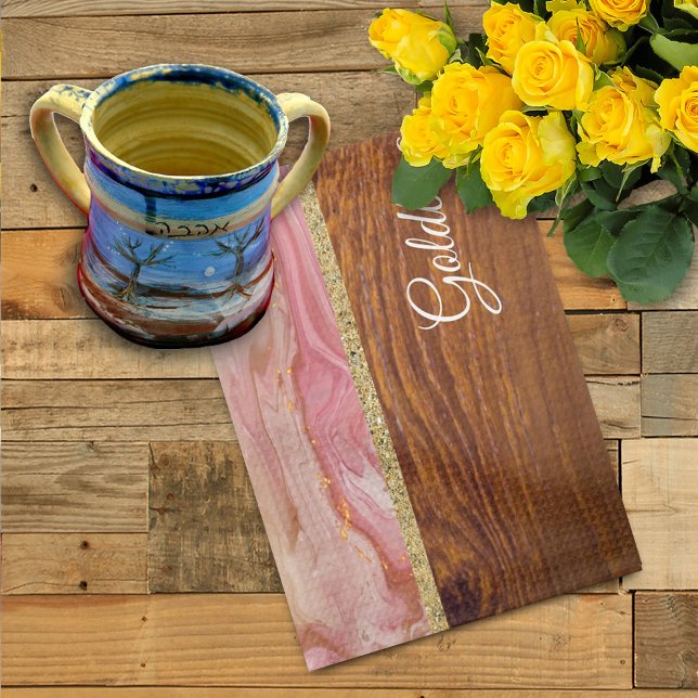 Shabbat Shalom Red Marble on Wood Effect Tea Towel (Creator Uploaded)