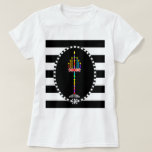 Shabbat Shalom Tall Menorah t-shirt<br><div class="desc">The bold,  black and white stripes and ovals of this eye-catching tee are attractive backdrops for these tall,  rainbow-hued menorahs.  One menorah says Shabbat Shalom in English and Hebrew,  while the other includes "Yeshua,  the Light of the world,  Jesus Christ"!  ~ karyn</div>