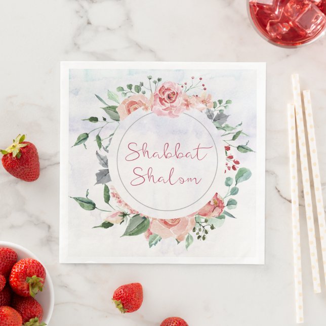 Shabbat Shalom Watercolor Flowers Shabbos Napkin (Insitu)