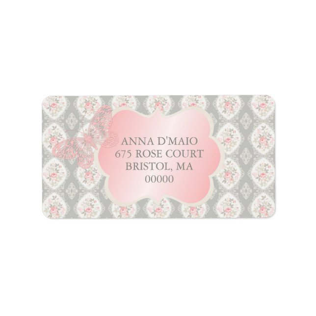 Shabby Antique Pink Roses Damask Butterfly Label (Front)