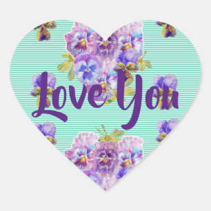 Shabby Aqua Turquoise Stripe flowers floral Love Heart Sticker
