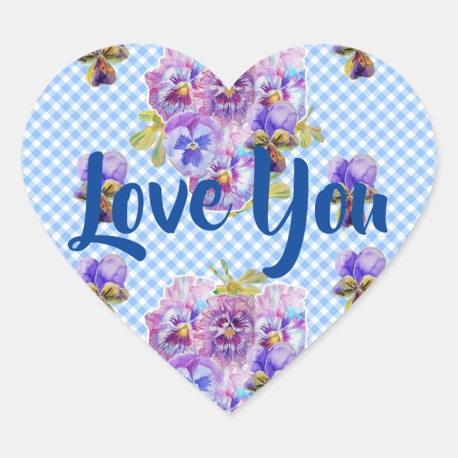 Shabby Baby Blue Gingham flowers floral Love Heart Sticker (Front)